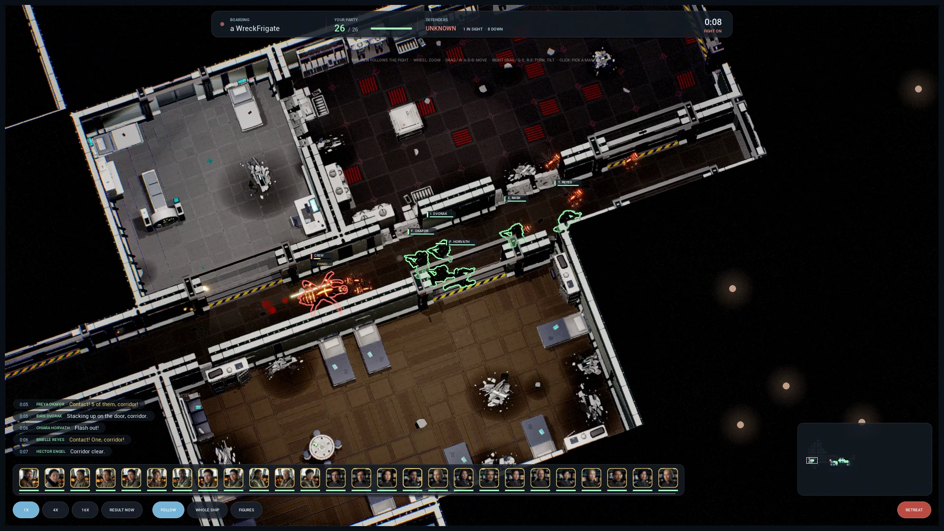 A human boarding party fights an alien creature in a ship corridor.