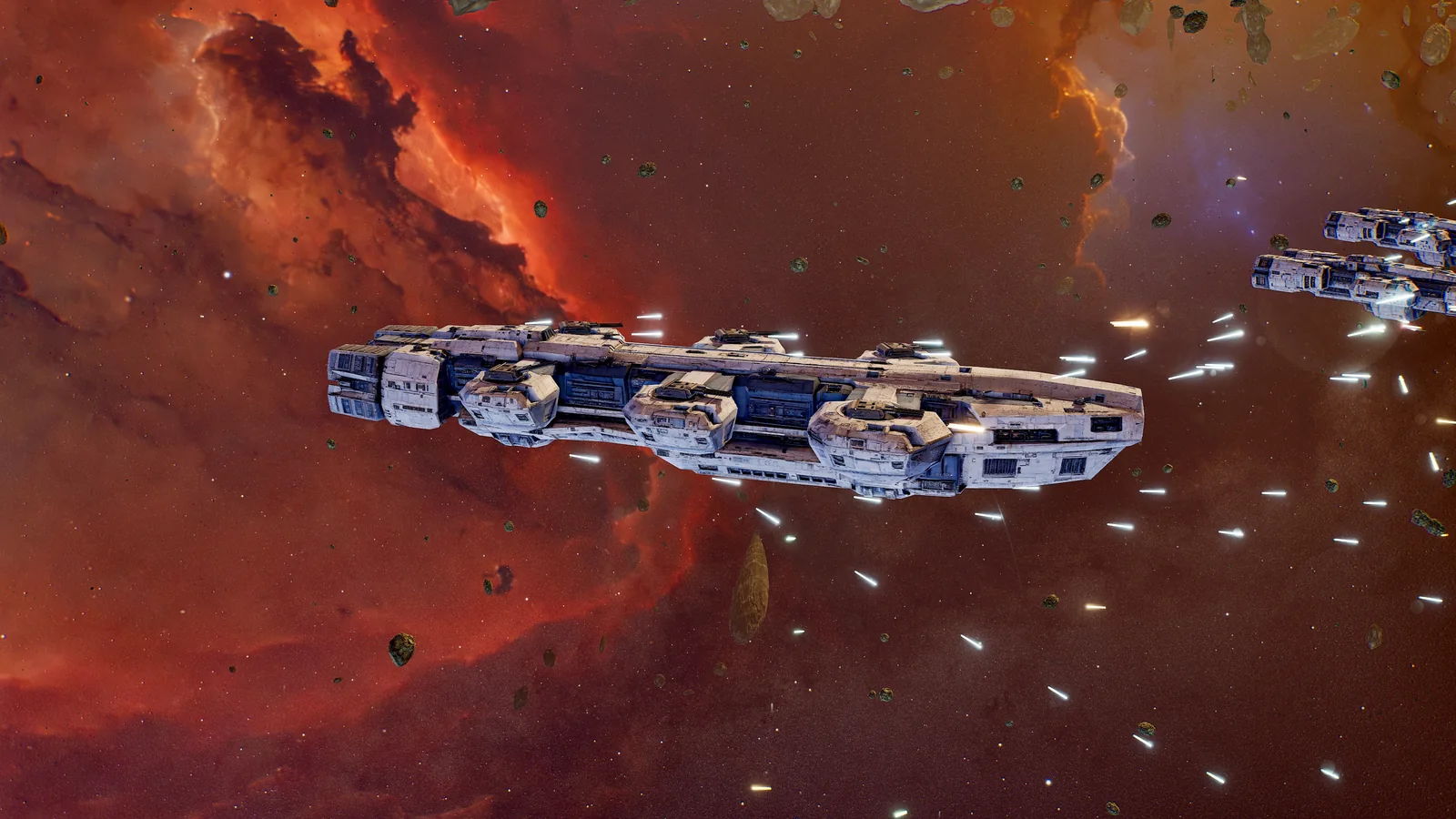 Capital ships exchange fire in an orange nebula