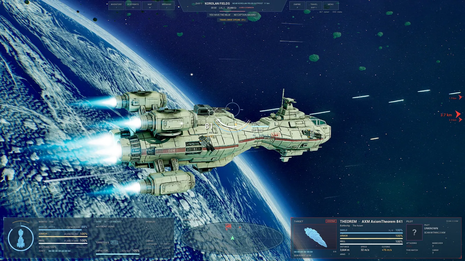 A corvette turns through a large ship battle