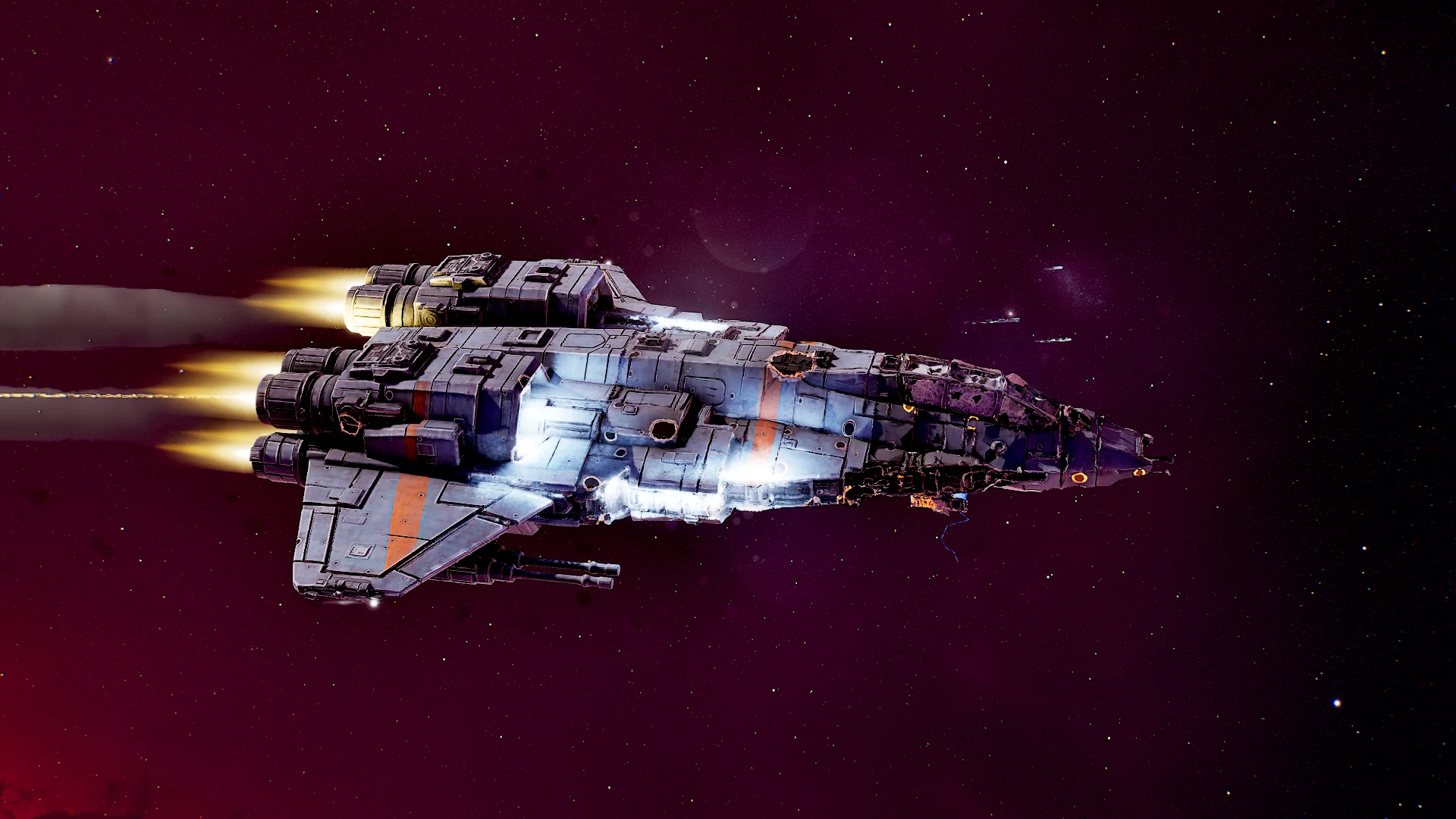 A heavily damaged cockpit and torn forward hull plating on the Reaper.