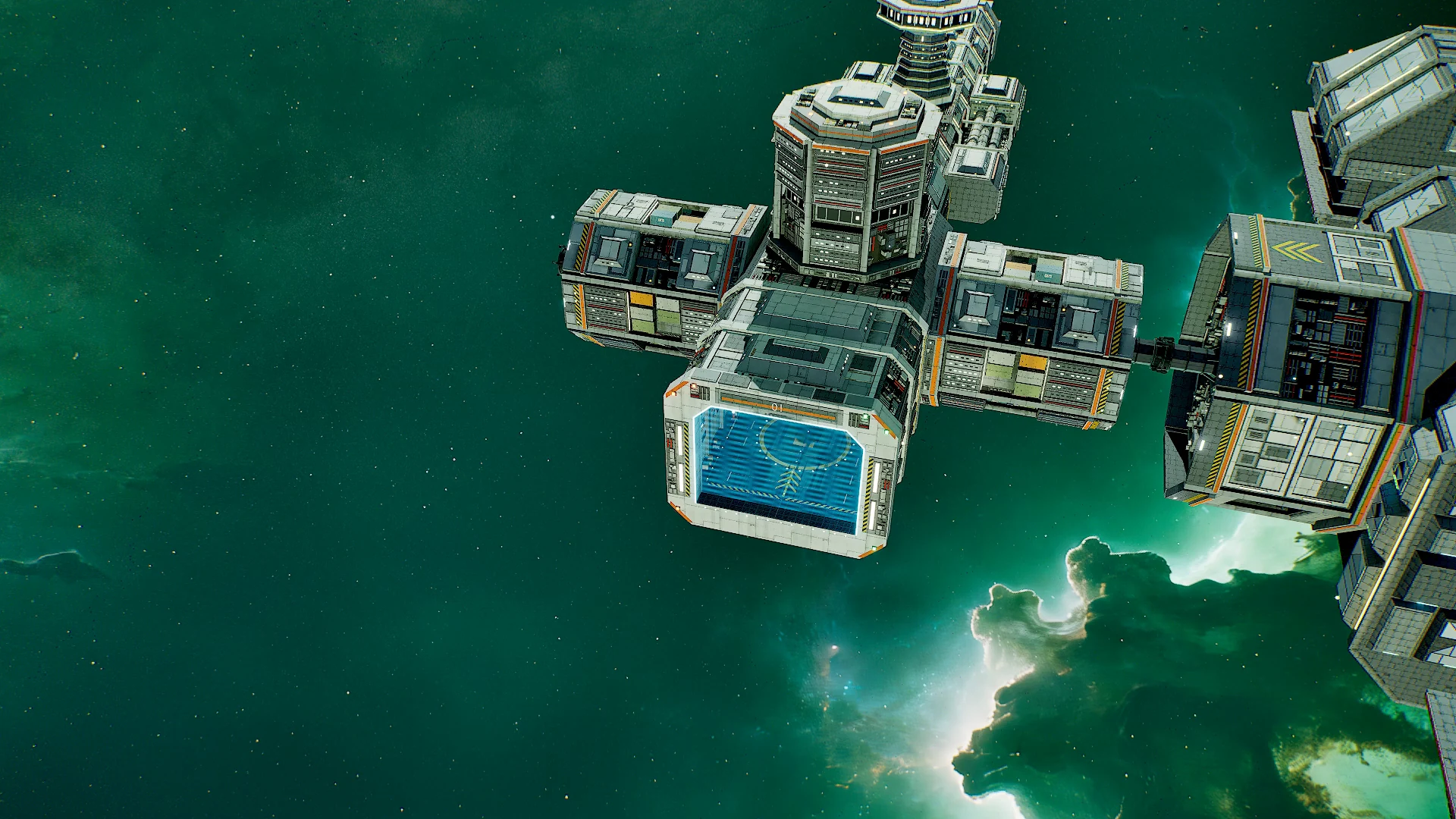 An Outpost station with its command tower and hangar entrance.