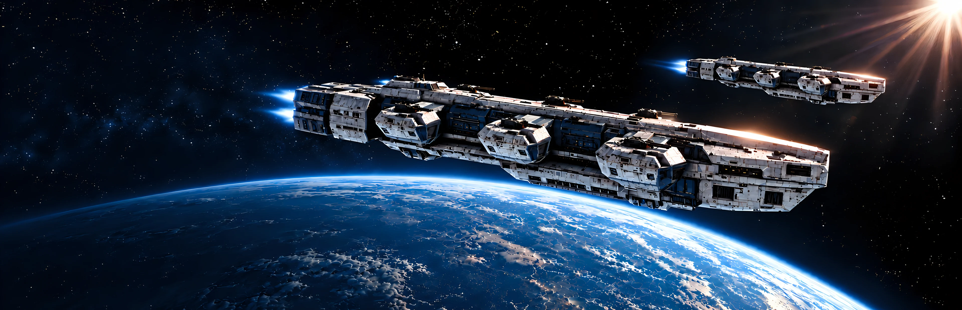 Cinematic artwork of a human fleet above a blue planet.