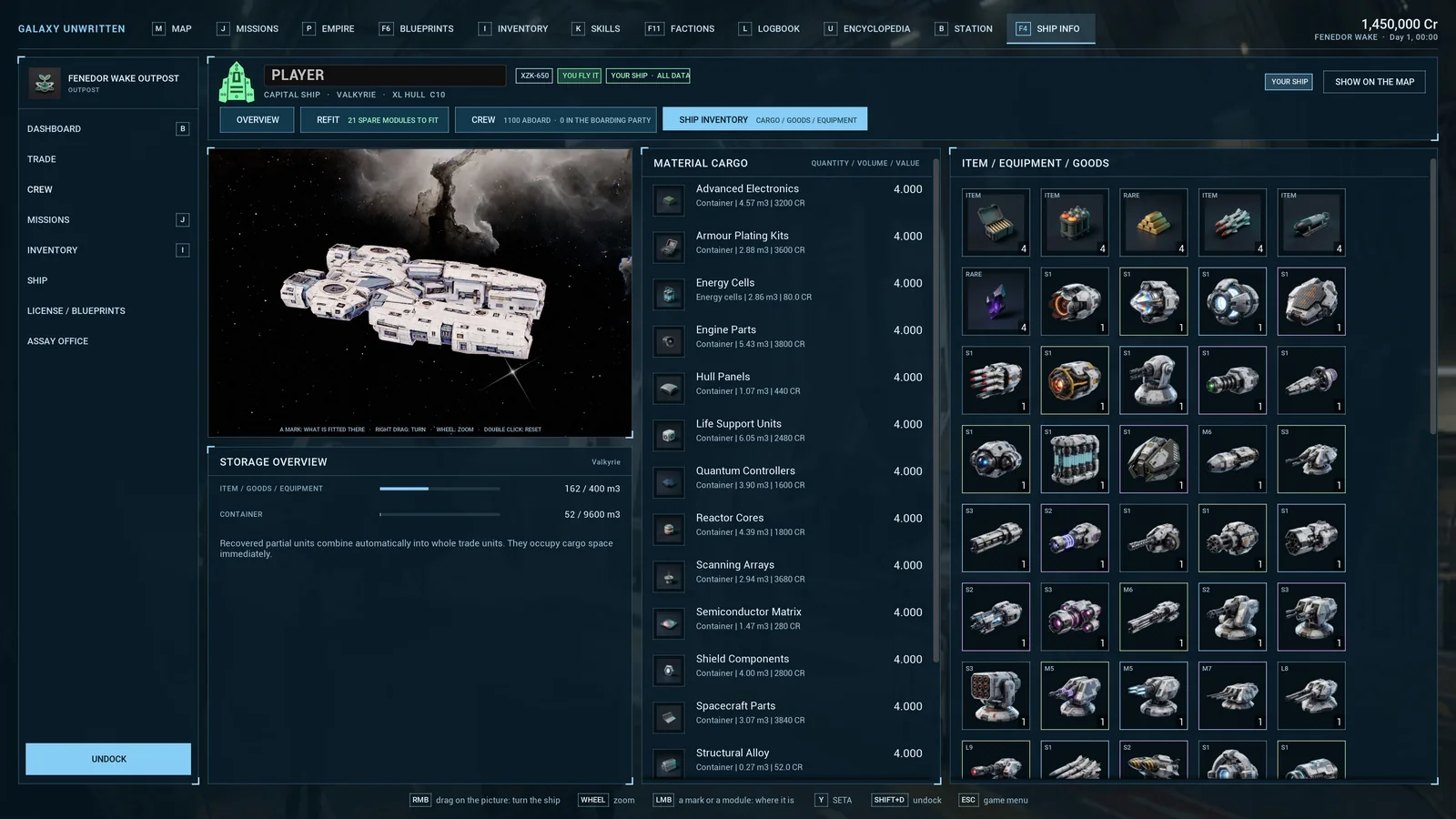 Ship inventory with the available equipment families