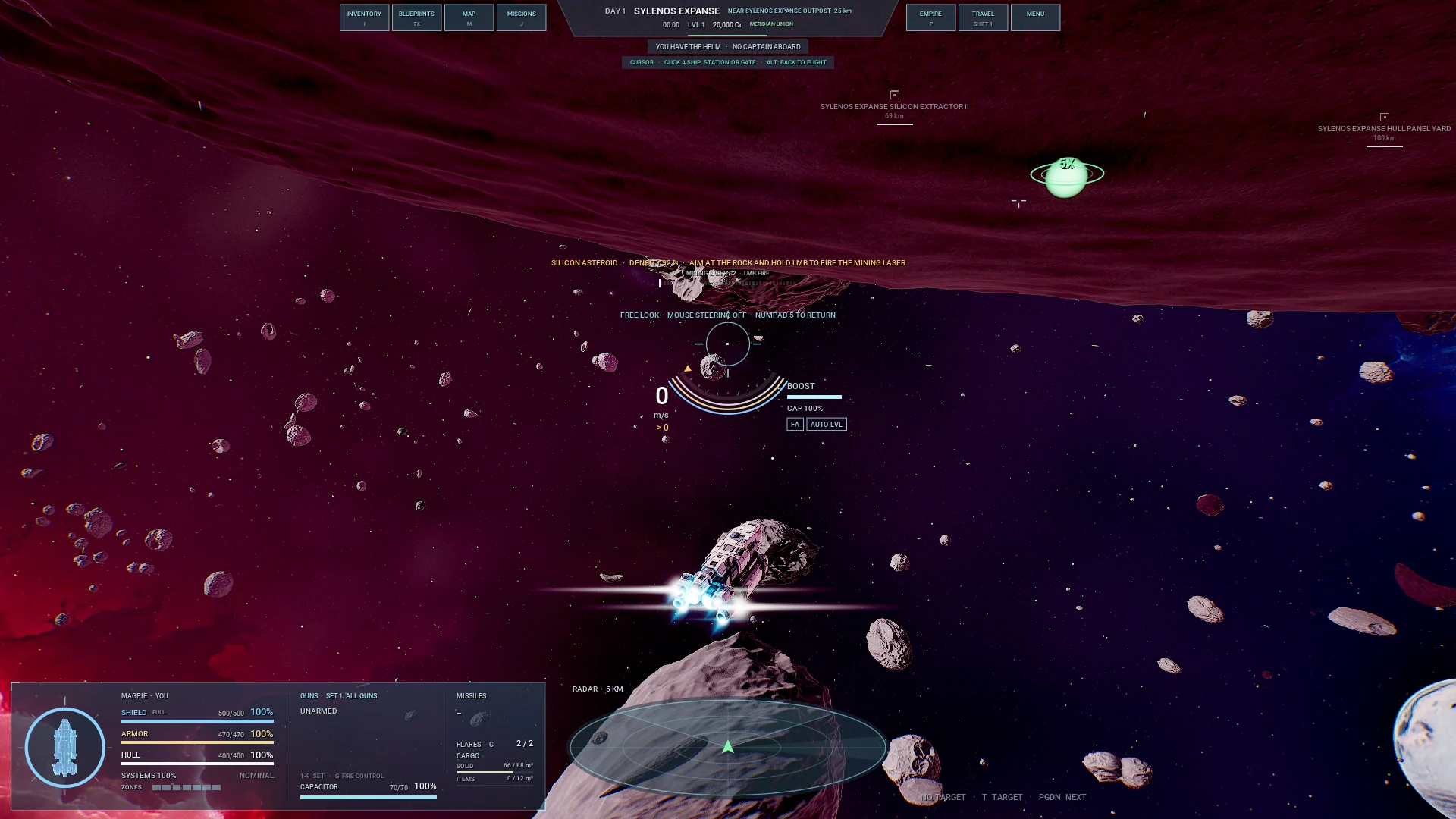 A different orbit view of the asteroid surface and its 5× yield spot; the laser is disengaged.