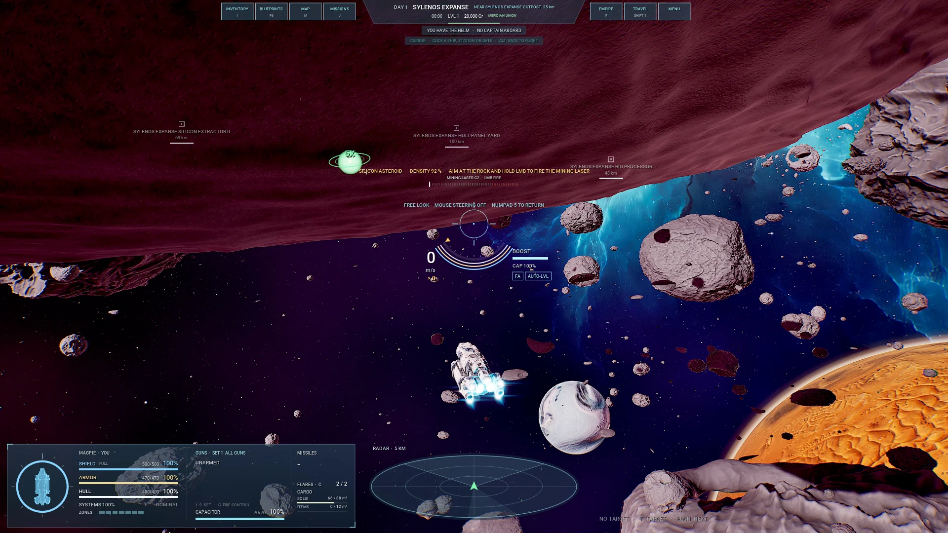 A mining ship at a silicon asteroid, with the laser disengaged during yield-spot inspection.