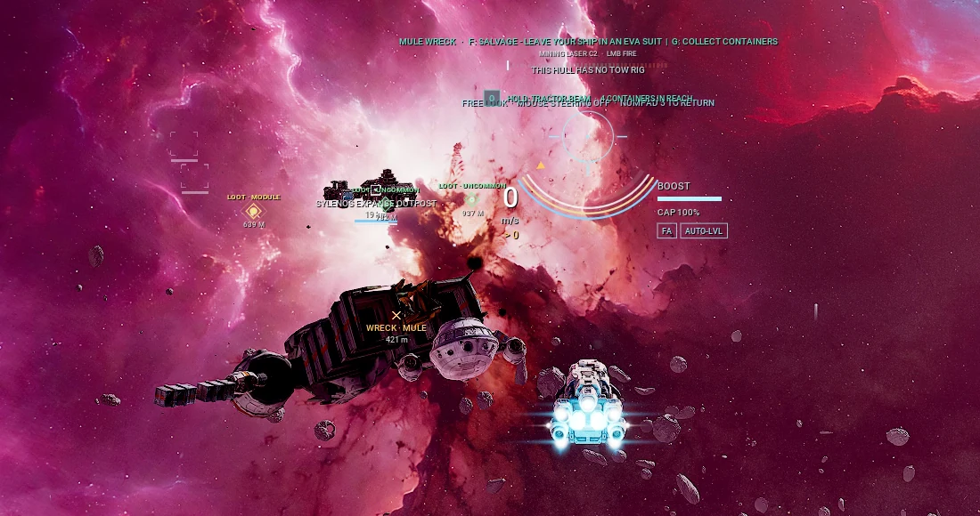 A Mule wreck and two native green Uncommon loot markers, unobstructed by the player ship. Click to enlarge.