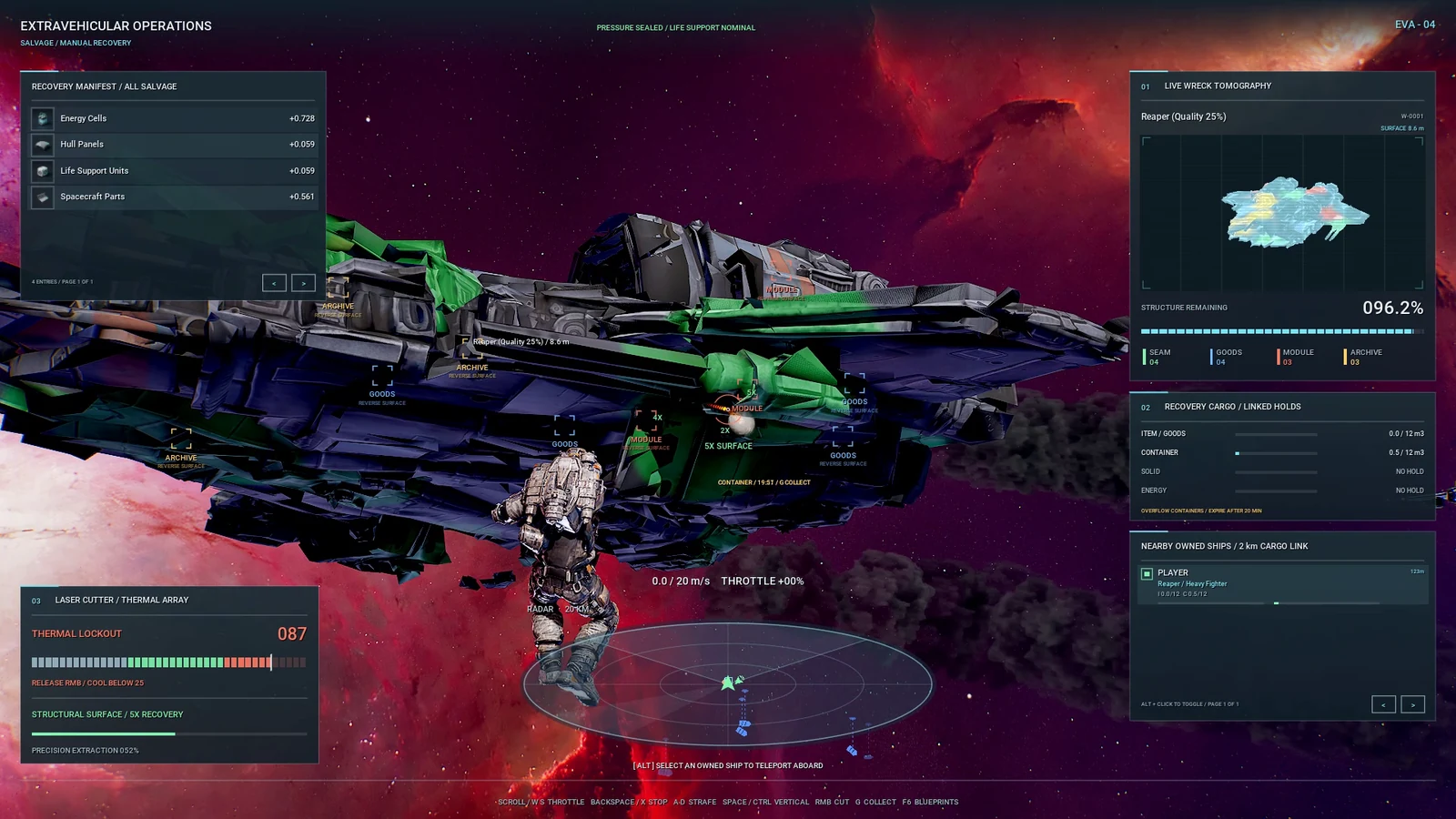 A lone EVA salvage operator cuts a wreck hull by hand