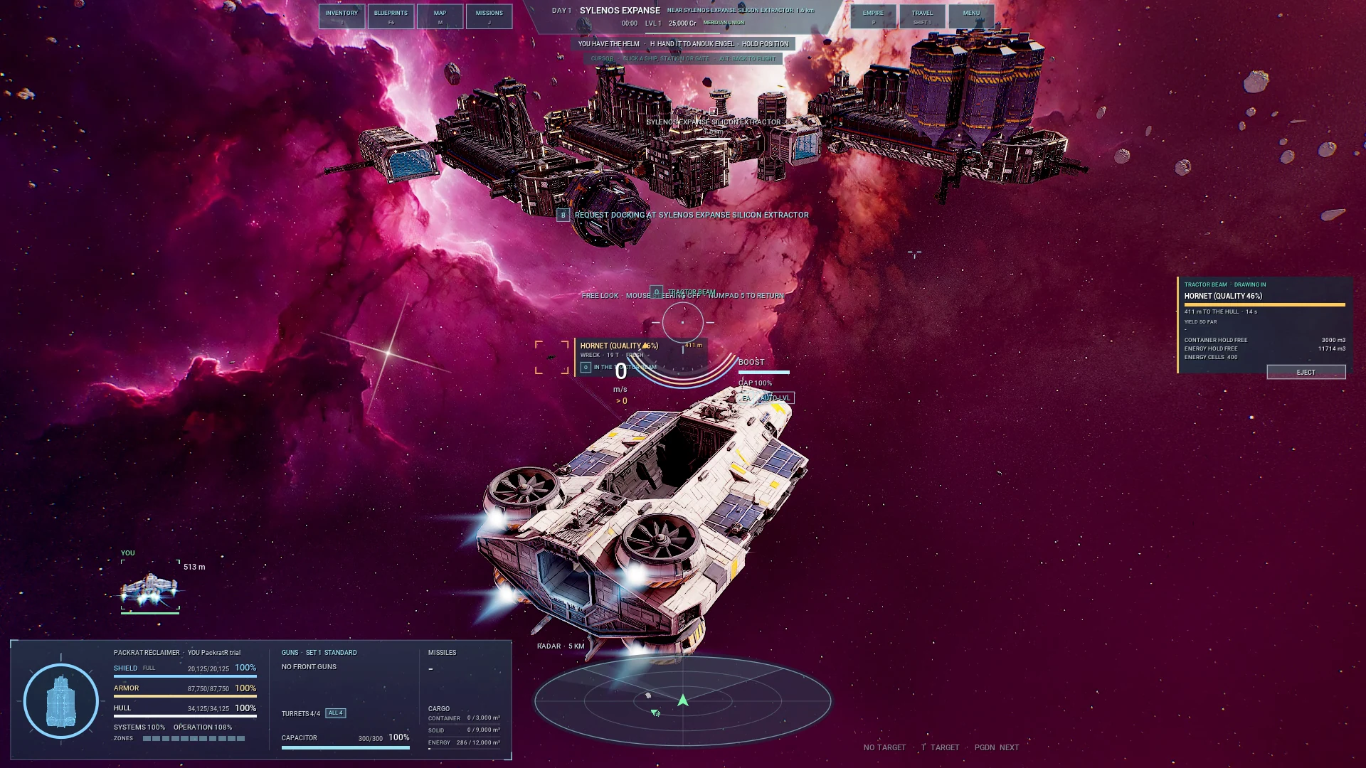 A Packrat Reclaimer draws a wreck into its tractor beam for processing