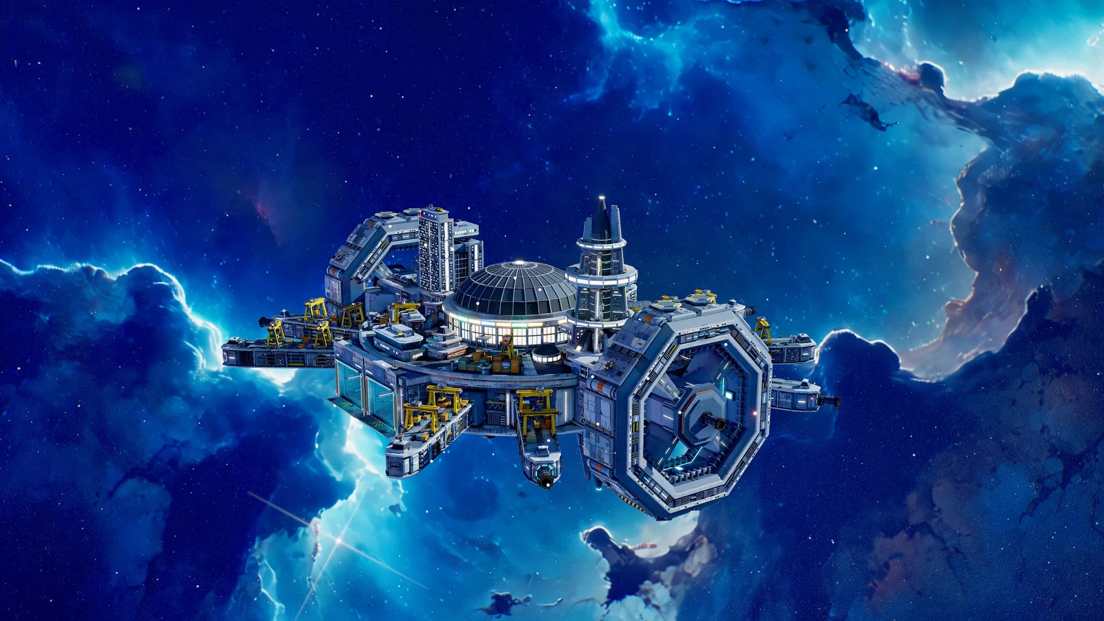 A modular station against a bright blue nebula